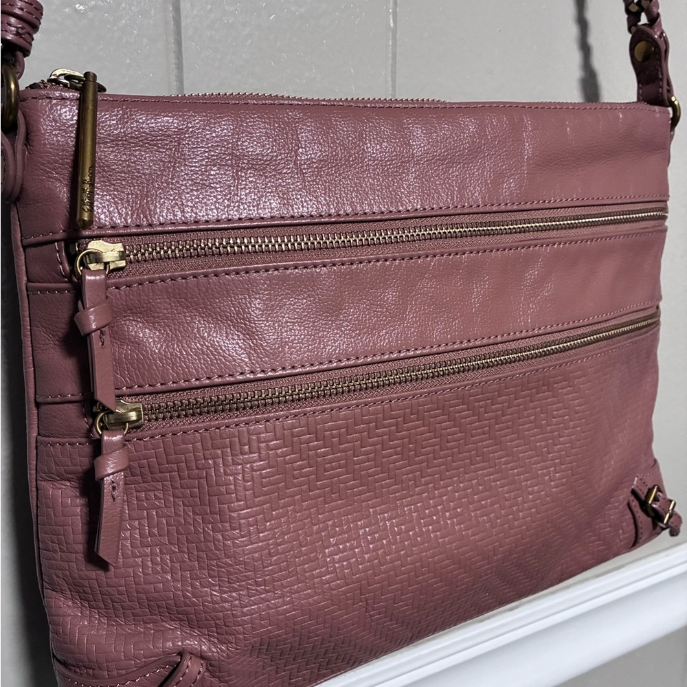 Elliot Lucca Tan Leather Crossbody Bag | Multi-Zip | Braided Strap